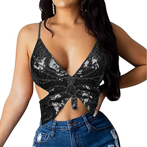 Haut de crop top pour femmes, Butterfly Sequin Halter Top Bandage Top, Costume de gilet sans manche à tube arrière à lanière pour la danse du ventre, la danse latine, le club de fête