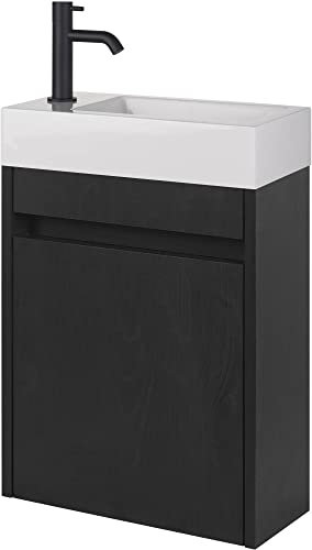 Saqu Florence Gäste WC Waschbecken mit Unterschrank Vormontiert - in Eiche Schwarz mit Mineralmarmor-Waschbecken und schwarzer Armatur Links - Kleines Gäste WC Bad Möbel mit Waschtisch