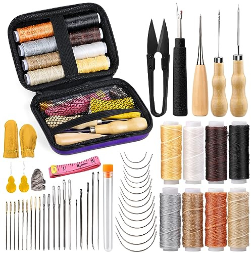 Tikjiua 54Pcs Upholstery Repair Sewing Kit, 8Pcs Waxed Thread, Leather Sewing Needles, Stitching Awl, Thimble, Heavy Duty Upholstery Repair Kit for Carseat Backpack Carpet Boots Shoes Canvas Sofa