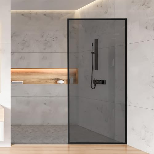 Xilewying Fixed Full-Framed Bathroom Shower Glass Door, 34*74 Single Shower Glass Screen Panel, 5/16(8mm) Gray Tempered Glass Shower Door for Walk-in Shower, Matte Black