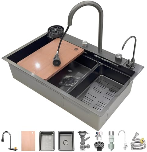 Edelstahl Single-Bowl Wasserfall Küchenspüle Multifunktionale Bar Zähler Spüle Nano-beschichtete Workstation Spüle Mit Wasserfall Pull-Down Wasserhahn Und Komplettes Zubehör Set