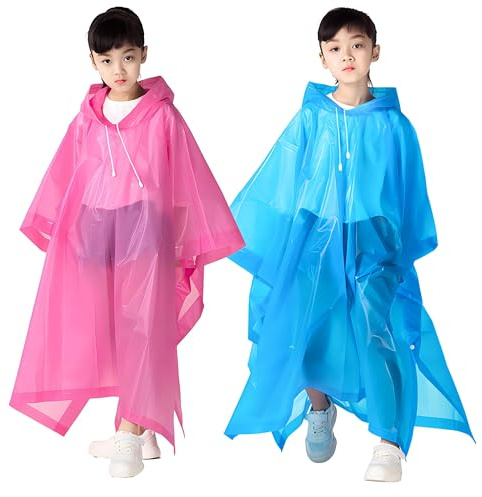 2 PCS Kids Rain Coats with Drawstring Hoods, Reusable EVA Rain Poncho Toddler Rain Cape, Portable Rainwear Girls & Boys (90cm-150cm), Children's Raincoat for School/Outdoor/Camping (Blue & Pink)