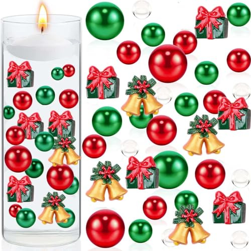 Gbbazu 6054Pcs Christmas Vase Filler, Filler Beads Floating Pearls and Candy Water Beads for Vase, Christmas Red White Green Floating Pearls Acrylic Plastic Glass Candy Canes Vase Filler (H)