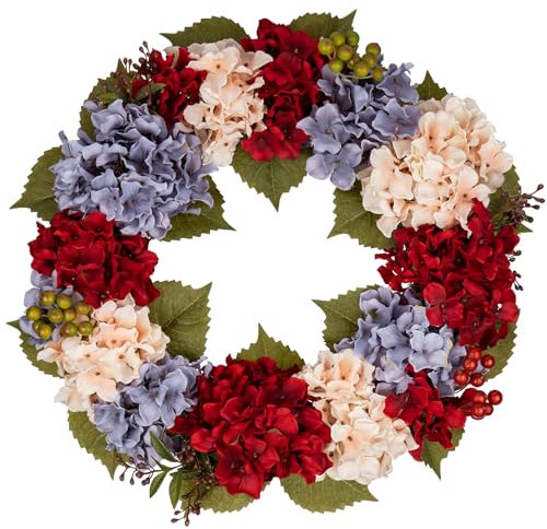 Hollyone 51 cm Künstliche Hortensienkranz für Haustür, Falsche Blumen Türkranz, Faux Beige Rot Blau Hortensien Kranz Deko für Haustür, Mantel, Wand, Bauernhof Deko