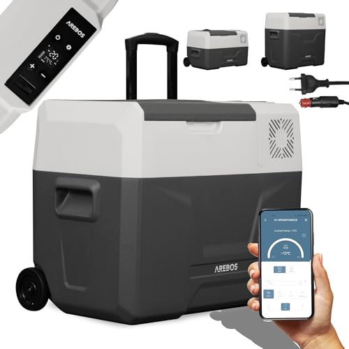 Arebos Kompressor Kühlbox mit Rollen 39 Liter | Elektrische Gefrierbox mit APP & Smart-Steuerung | Mobile Kühltruhe mit USB-Anschluss | bis -20 °C | 12/24 V 230V | für Auto,LKW,Camping,Boot,Wohnmobil