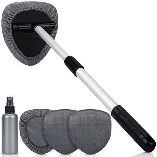 Kasauber Car Windshield Cleaner Tool Inside, 23 Long Handle Auto Window Cleaning Brush Kit with 4pcs Carbon Microfibre Pads for Interior Exterior Windscreen Glass Dust Fog Moisture Removal