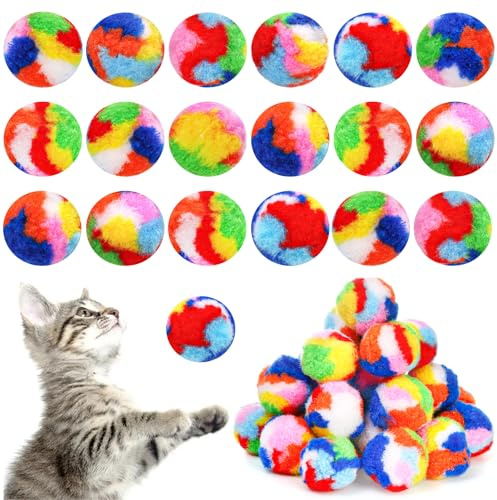 Nicunom 60 PCS Cat Pom Pom Balls, 1.7Inch Rainbow Cat Toy Balls, Soft Plush Cat Ball Fuzzy Kitty Balls Colorful Kitten Puff Ball for Pet Kitten Interactive Playing Exercising Chasing