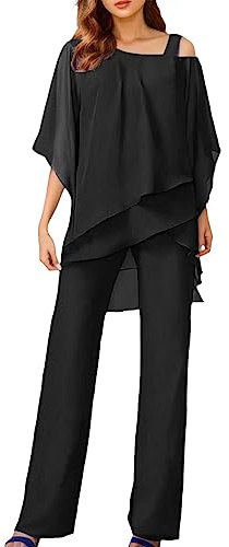 Hosenanzug Damen Tüll Abendanzug Sets Zweiteiler Chiffon Shirt Und Hohe Taille Elegant Vintage 2-Teiliges Set Outfit Cocktail Festlich,XL