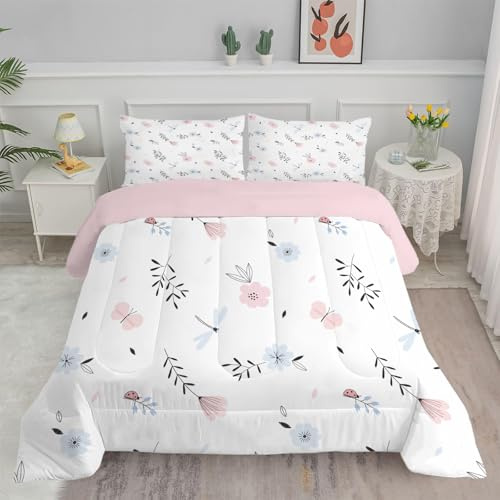 Bettdecke 135x200 4 Jahreszeiten, Weißer Schmetterling Vierjahreszeiten Steppdecke 135x200, Warme Ganzjahresdecke Rosa Blumen Bettdecke ohne Bezug Waschbar Schlafdecke mit 2 Kissenbezug 80x80cm