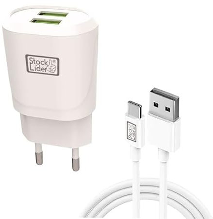 Stock Lider-Cargador de Pared USB Dual con Cable 2.4A Tipo C 1M, (5V-2.4A + 5V-1.0A) Salida máxima 5V-2.4A 17W Carga rápida (Enchufe EUR)