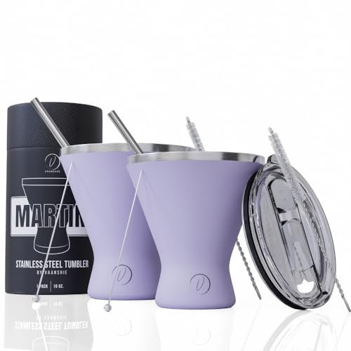 vaanshie Stainless Steel Martini Glass [Pack of 2] – 10oz, Lilac, Powder Coated, No Sweat, Double Wall Margarita Cup with Lid | Ideal for Valentines Day Gift