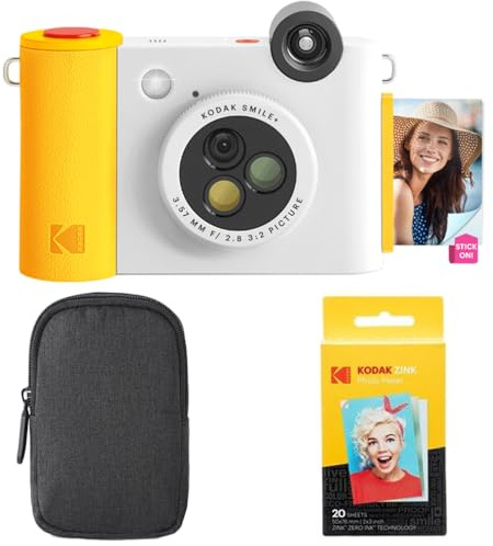 Kodak Smile+ - Paquete de iniciación de cámara instantánea Digital e Impresora fotográfica 2 en 1, Funda + Papel Zink 20 Unidades, 10 MP, Lente giratoria, Color Blanco