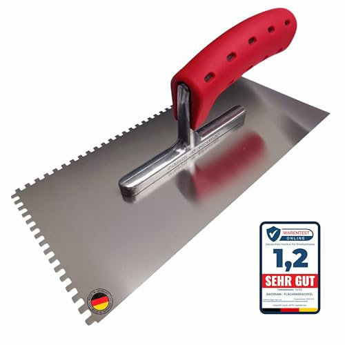 BACHSAM® Made in Germany Hochwertige Zahnkelle 4mm Edelstahl gezahnte Glättekelle 280mm x 130mm mit Softgriff/ergonomischer Griff zum präzisen Auftragen von Fliesenkleber (Zahnkelle 4mm)