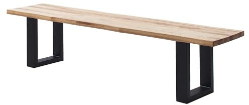 Lomadox Esszimmer Bank Sitzbank 180x40cm Eiche massiv geölt mit Baumkante, U-Gestell schwarz Metall, Massivholz/Echtholz
