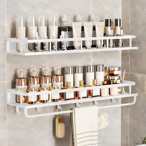 devesanter Duschablage ohne Bohren 2 Stück 60cm Badezimmer Regal,Dusch-Shampoo-Regal mit Handtuchhalter und 6 Haken für Schlafzimmer Wohnzimmer und Küche Badezimmer Organizer(Weiß)