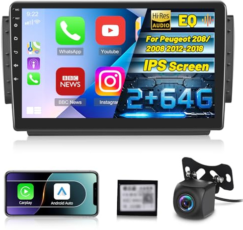Autoradio per Peugeot 208/2008 2012-2018+Senza Fili Carplay e Android Auto | 2G+64G Android 10 Pollici Schermo 2 Din Radio con GPS/WiFi/Bluetooth/EQ/FM RDS Radio