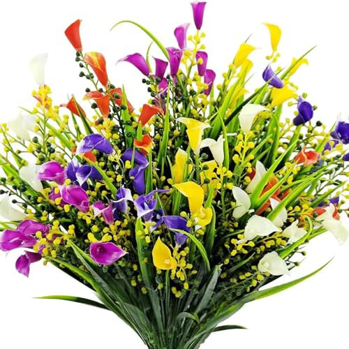 UIYIHIF 10 Bündel Künstliche Calla-Lilien für den Außenbereich, Bunte Kunststoff-Kunstblumen mit Stielen und Blättern, Künstliche Frühlings- und Sommerpflanzen für Garten, Veranda, (20