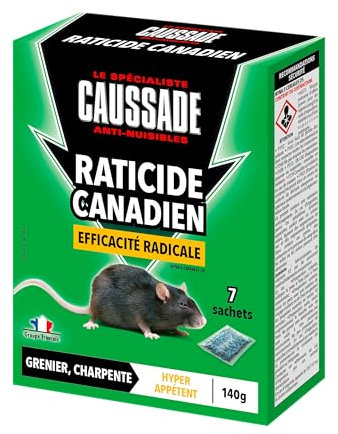 CAUSSADE Raticide Canadien - Anti Rats - Efficacité Radicale - Lieux secs – 7 Sachets céréales - Spécial Rats Résistants - Prêt à l'emploi - Une Ingestion Suffit - Fabriqué en France – 140g CARCDF140