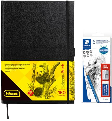 Idena 90346 - Skizzenbuch DIN A4 mit 160 Seiten, blanko, inkl. STAEDTLER Skizzen Set mit 6 Zeichenbleistiften, Anspitzer und Radiergummi