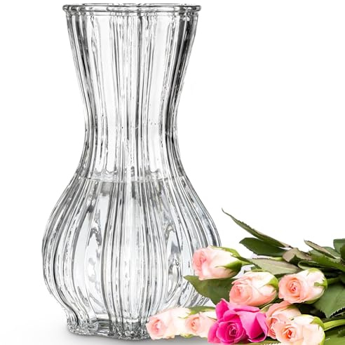 Wrenbury Lily Glass Ribbed Vase for Flowers 20cm - Daffodil Container | for Bouquets - Clear Glass Vase for Tulips - For Classic Table Decor