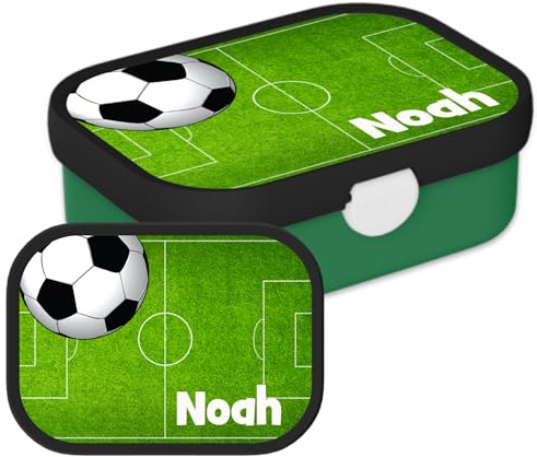 Mepal Campus Lunchbox mit Namen Fußball – 750 ml – Fußballfeld | Personalisierte Bento Brotdose mit Namen für Kinder – Bento-Einsatz & Gabel – Clip-Verschluss – Spülmaschinenfest
