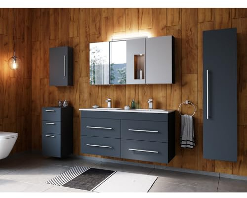 Lomadox Badmöbel Set 5-teilig mit Doppel-Waschbecken und 3 Schränken, in grau inkl. Spiegelschrank mit Aufsatzleuchte