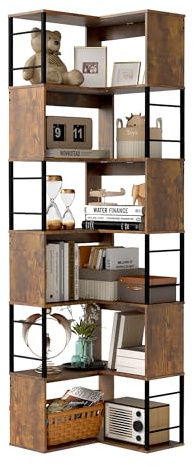 Nisorpa Eck-Bücherregal 7 Ebenen 187CM,Großes Modernes Bücherregal,Eckregal Holz,Regal vorratskammer,Eckregal Schwarz + Braun,L-förmiges Regal Stehend für Schlafzimmer,Wohnzimmer,Büro