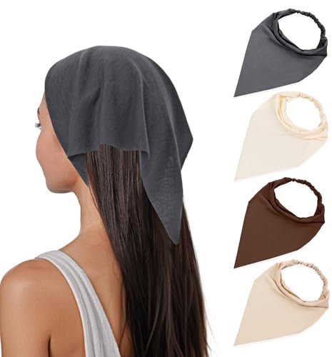 Sibba Bandana triangolare, 4 pezzi, fascia elastica in stile bohémien, antiscivolo, per la testa, sciarpe, foulard, in tinta unita, in cotone, per donne, uomini, viaggi, feste