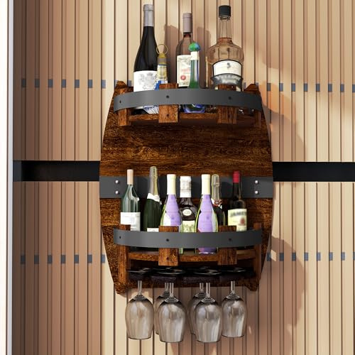 lukar Mensola a forma di barile di whisky, da parete, stile vintage, con supporto per bicchieri, in legno, fatta a mano, porta bottiglie di liquore, regalo per gli amanti del vino, portabevande per