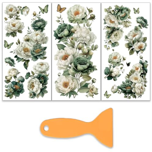 OLYCRAFT 3 Stück/Set Retro Blumen Transferfolien Zum Aufreiben Für Möbel Und Kunsthandwerk 15x30cm Grüne Blumen Möbelaufkleber Dekor Schmetterlings Transferaufkleber Mit 1 Teiligem Schaber