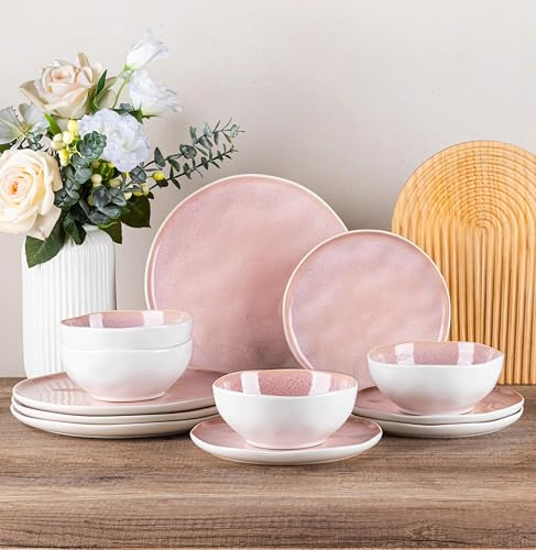 GBhome Steingut Geschirrset 4 Personen, 12-tlg Reaktive Glasur Handarbeit Geschirr Set, Mikrowellen- & Spülmaschinenfest Schüssel- und Teller Set, Perlrosa