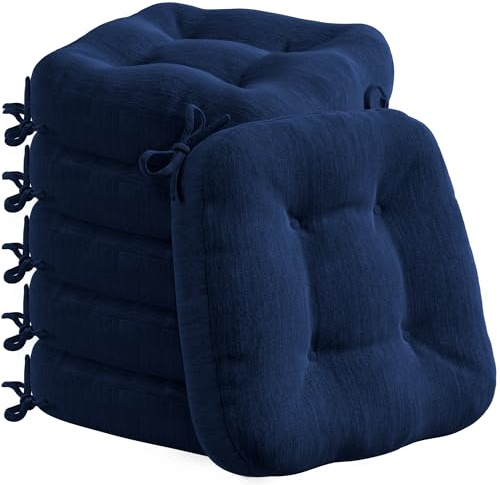 Codi Stuhlkissen 40 x 40 cm, 6er-Set, 8 cm dick, Sitzkissen Outdoor | Marineblau, Memory-Foam-Füllung, wasserabweisender Bezug, rutschfester Halt mit Bindebändern, für Gartenstühle und Balkon