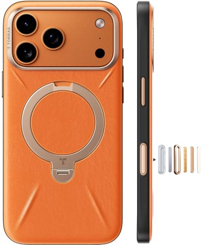 TORRAS Ostand Q3 VegSkin für iPhone 17 Pro Hülle (Nachhaltig Silikonleder) (360° Magnetischer Unsichtbarer Ständer) Premium Haptik Langlebig Hülle iPhone 17 Pro Case Edle Lederstruktur Orange