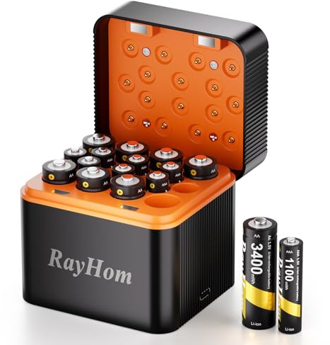 RayHom Rechargeable 8 AA and 8 AAA Lithium Batteries with Charger, 1.5 V Double A Triple A High-Capacity Rechargeable Batteries, 16 Slot Li-ion Battery Charger