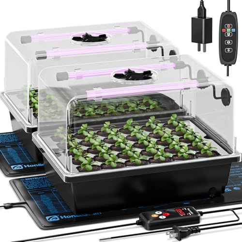 Hon&Guan 2 Pack Seed Starting Kit - 30 Cell Seed Starter Tray with Higher 5.3” Humidity Dome, LED Growing Lights and 10x20.75 Seedling Heat Mat, Adjustable Vents - Germination & Plant Propagation