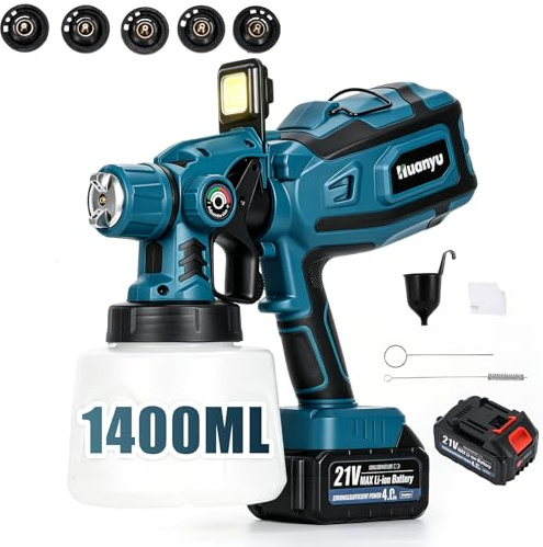 Huanyu Pulverizador de Pintura inalámbrico, 1400 ml, 5 boquillas,3 Patrones | con luz LED, 21V y 4,0Ah batería, Pistola de pintar eléctrica para vallas, cobertizos, muebles y pintura de interiores