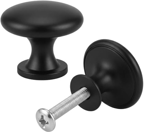2 Pack Black Cupboard Knobs, Round Mushroom Drawer Knobs, Small Single Hole Door Knobs for Kitchen Cabinets, Wardrobe, Furniture - Self-Tapping Simple Installation with Screws & Covers (Black)