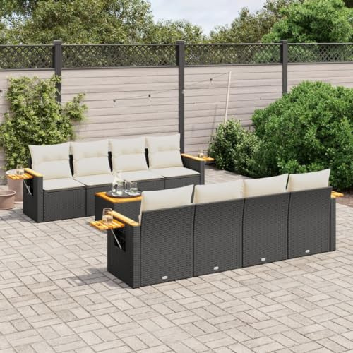 RCODSSK 9-TLG. Garten-Sofagarnitur Schwarz Poly Rattan mit Kissen und Tisch, 9-teiliges Rattan Sofa Set für Terrasse, Garten Sofaset mit Tisch und Kissen