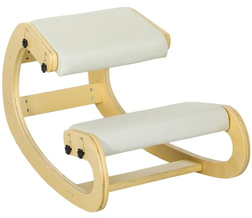 HOMCOM Ergonomischer Kniestuhl mit 6 Verstellstufen Holzbasis Cremeweiß | Kniehocker, Bürostuhl, Zuhause, Büro, Meditation, zur Verbesserung der Nackenschmerzen