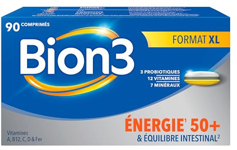 Bion3 Énergie 50+, Multivitamines pour l’énergie physique et mentale¹ et la réduction de la fatigue¹. Contient les vitamines C,B12, B1, B2, B3, B5, B6, B8, A, D, Zinc, Fer, Probiotiques, 90 comprimés