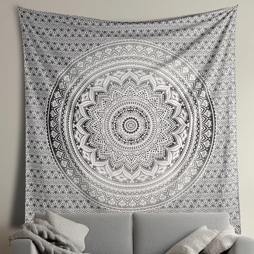 THE ART BOX Indie Wandteppich Baumwolle Mandala Wandbehang Deko Teppich Aesthetic Room Decor Dekoration Wandtuch/Strandtuch Wohnzimmer Indische Tücher Schlafzimmer, Grau und Weiß, 135x210 Cm