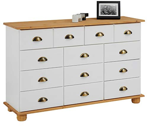 IDIMEX Schubladenschrank Colmar Weiß/Natur - Apothekerkommode mit Muschelgriffen aus Metall. 11 Schubladen, Sideboard im Landhausstil, Kiefer Massivholz