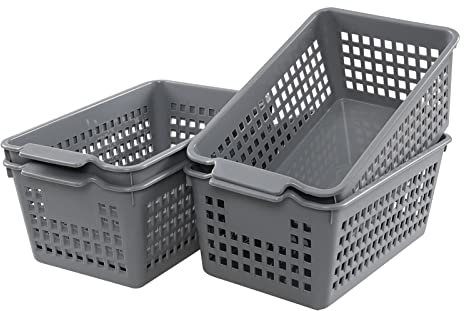 Annkky Plastic Cupboard Storage Baskets, Small Rectangular Basket, Grey, 4 Packs