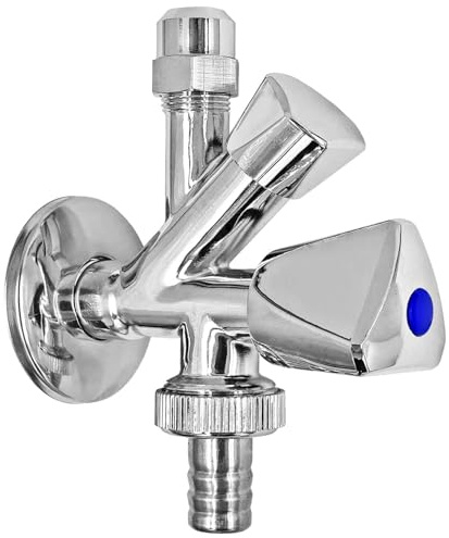 MegaHaustechnik Kombi-Eckventil Wandanschluß selbstdichtend 3/8 Zoll AG, Rückflußverhinderer, Quetschanschluß für 10mm Rohr AußenØ, 3/4“ AG für Flex- Panzerschlauch, Tülle AußenØ 14mm 1/2“ Schlauch