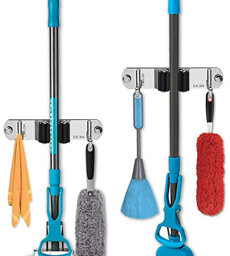 OBELON Mop Broom Holder Wall Mounted, Stainless Steel Storage, 2 Packs | Self-Adhesive Storage Organiser Rack with 1 Clip & 2 Hooks for Kitchen, Bathroom, Garage, Garden（Black Clip)