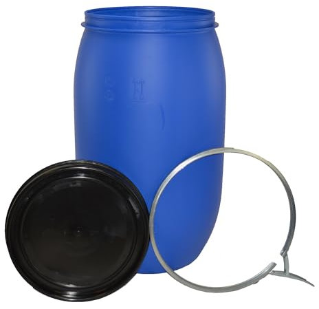 ITP Packaging 120 Litre Plastic Blue Open Top Storage Barrel Drum Keg with Lid and Latch Ring, UN Approved, Food Grade for Shipping, Air Tight