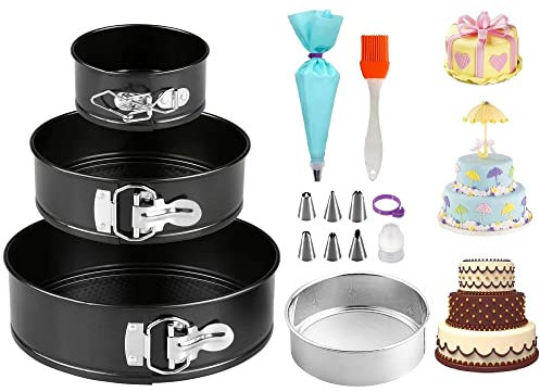 Set da 3 Tortiera (4/7/9), Teglie Tonde Stampo Torta Antiaderente,Fondo Rimovibile &1 Setaccio per Farina, Sacchetti per Tubazionie Ugelli 8 Pezzi, 1 Spazzola per Olioa