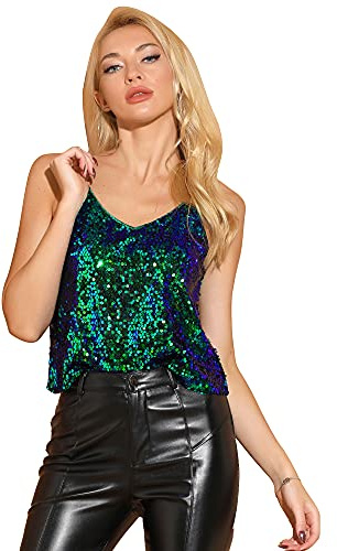 Allegra K Damen Pailletten Oberteil Glitzer Top Spaghetti Party Club Camisole Metallic Festival Shirt Top Grün blau XL