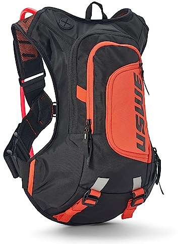 USWE Moto Hydro - Zaino con sacca d'acqua, zaino di fascia alta, senza rimbalzi, per moto enduro e fuoristrada (8L, nero arancione)