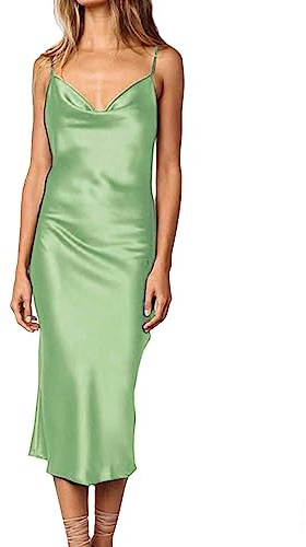HAHAEMMA Robe de loisirs sans manches à bretelles spaghetti en satin pour femme - Cocktail - Plage - Soirée - Col bénitier - Motif : points - Léopard - Robe midi, M